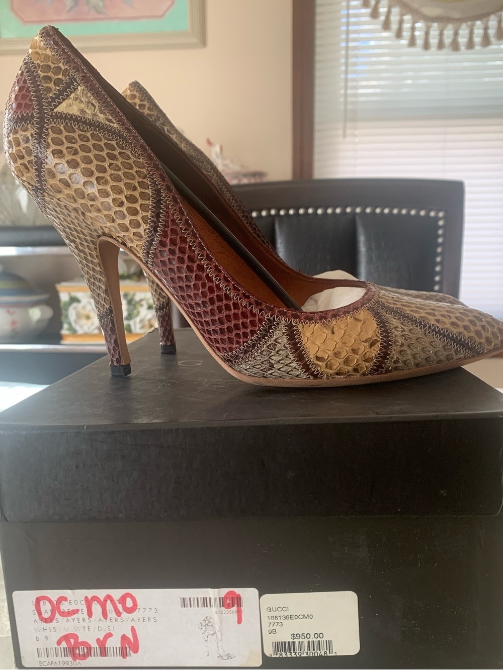 Gucci Multicolor Snakeskin Pointed-Toe Pumps in Brown, Tan & Burgundy 3.5 inch